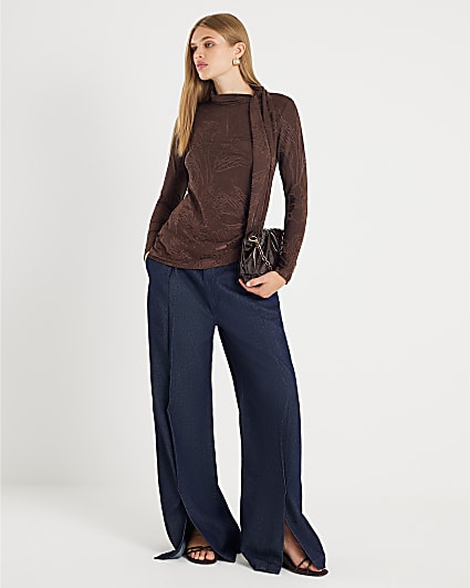 Brown Jacquard Scarf Tie Top