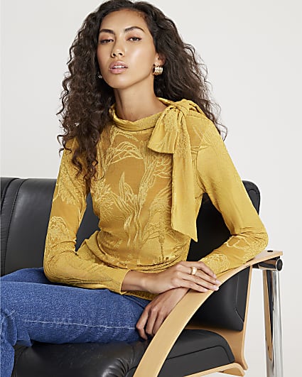 Yellow Jacquard Scarf Tie Top