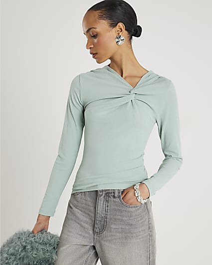 Blue Long Sleeve Twist Front Top