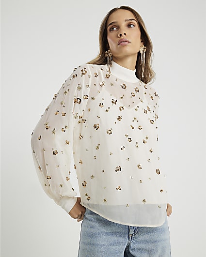 White Long Sleeve Embellished Top