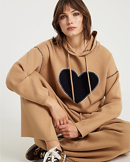 Brown Knitted Heart Hoodie