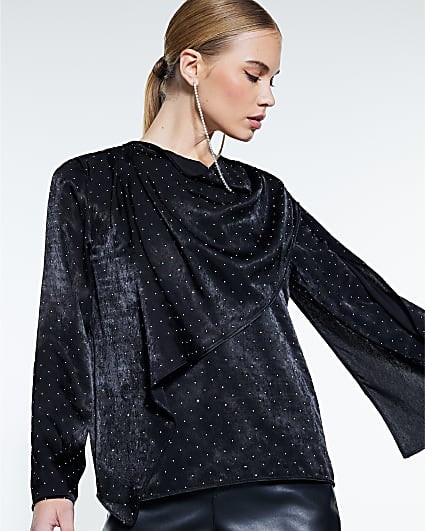 Black Cowl Neck Studded Blouse