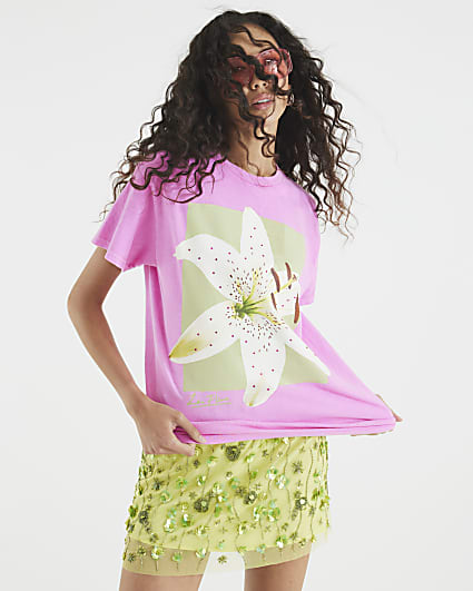 Pink Short Sleeve Photographic Floral T-shirt