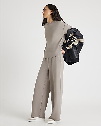 Beige Premium Ribbed Wide Leg Joggers