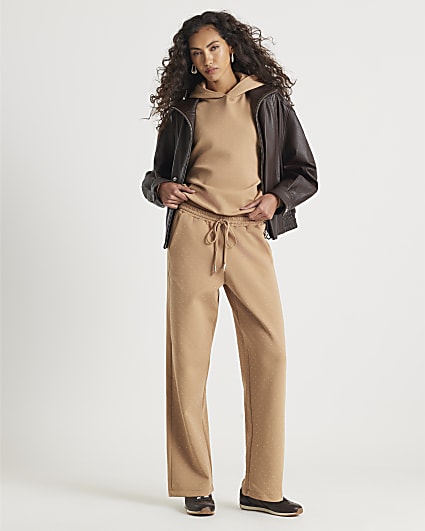 Beige Neoprene Diamante Embellished Joggers