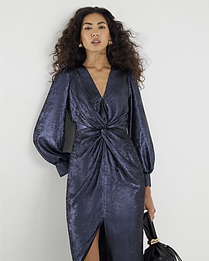 Navy Satin Long Sleeve Twist Front Midi Dress