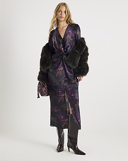 Purple Satin Long Sleeve Twist Front Dress