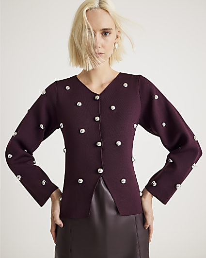 Red Knitted Studded Cardigan