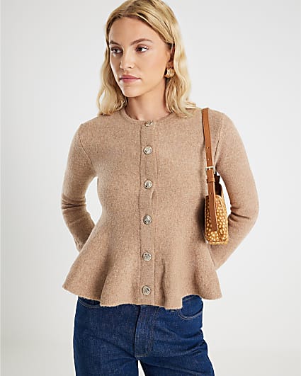 Brown Knitted Peplum Cardigan