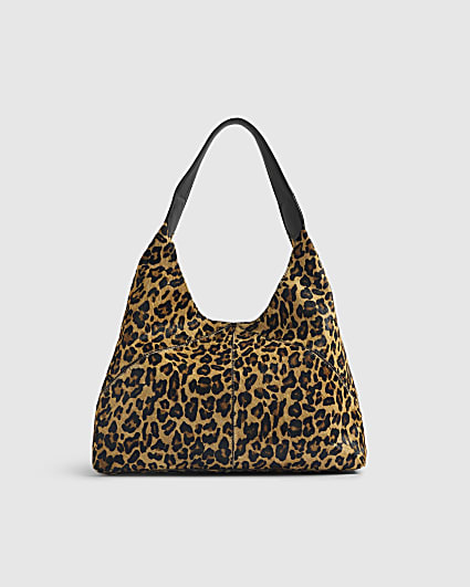Brown Leather Leopard Print Shoulder Bag