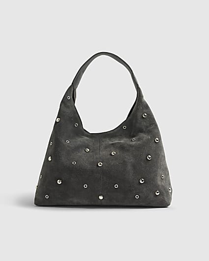 Grey Suede Studded Slouch Shoulder Bag