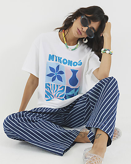 White Short Sleeve Mykonos Print T-shirt
