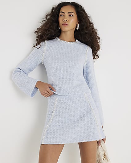 Blue Boucle Embellished Mini Skirt