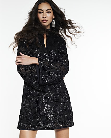 Black Long Sleeve Sequin Mini Dress