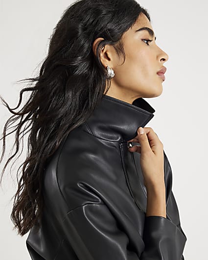 Black Faux Leather Bubble Hem Bomber Jacket