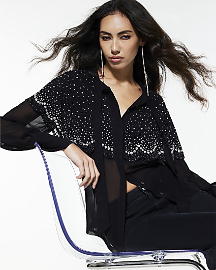 Black Long Sleeve Embellished Cape Shirt