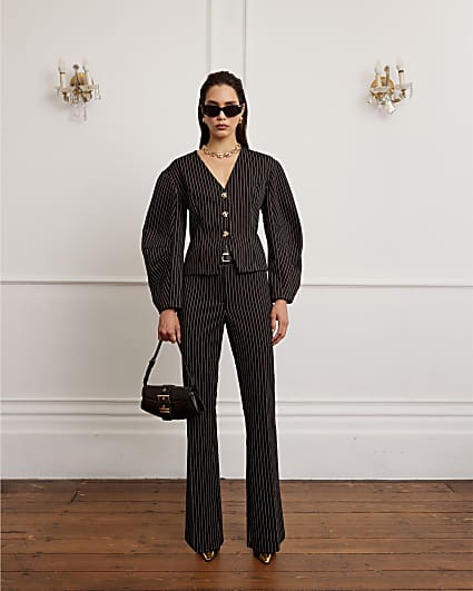 Navy Pinstripe Double Buckle Trousers