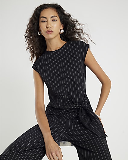 Black Pinstripe Sleeveless Tie Waist Top