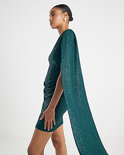 Green Asymmetric Glitter Mini Dress