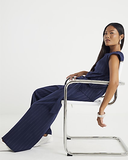 Petite Navy Pinstripe Wide Leg Trousers