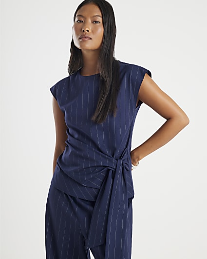 Petite Navy Pinstripe Tie Waist Top