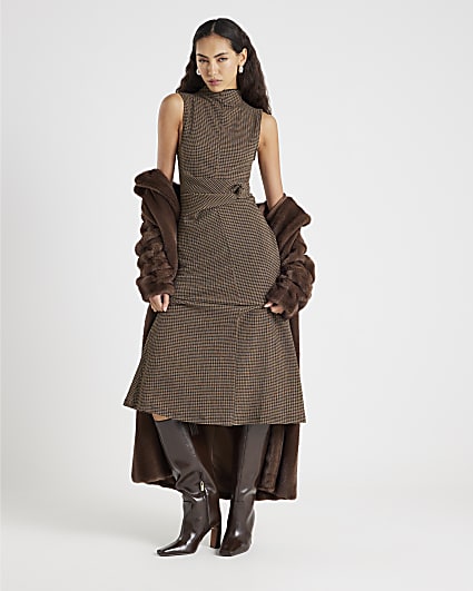 Brown Twist Side Check Dress