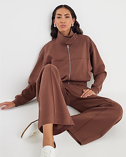 Brown Wide Leg Pintuck Joggers