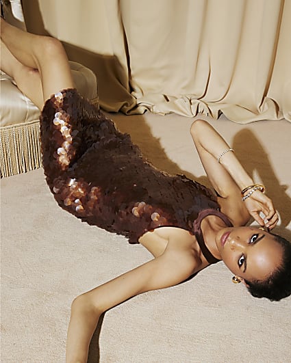 Brown Halter Neck Sequin Mini Dress