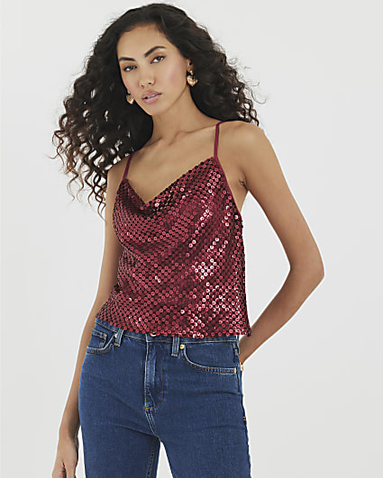 Red Sleeveless Sequin Cowl Neck Cami Top