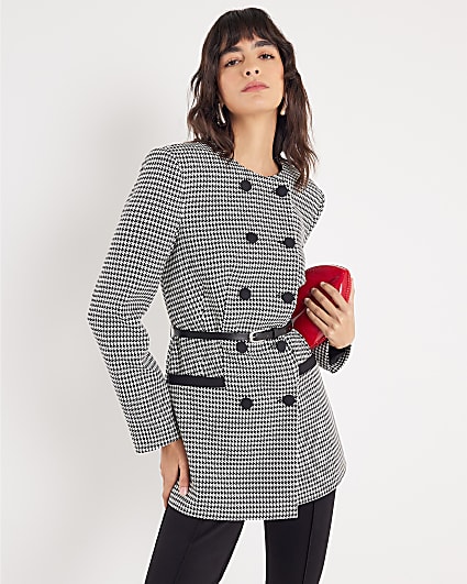 Black Dogtooth Print Structured Blazer