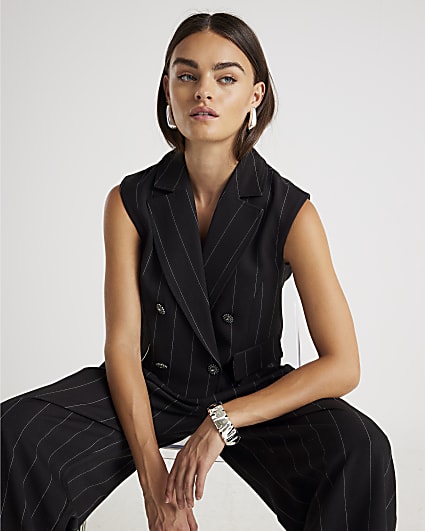 Black Pinstripe Boxy Fit Sleeveless Waistcoat