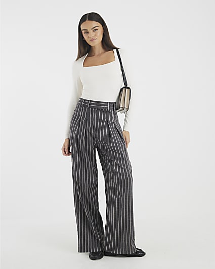 Grey Striped Wide Leg Trousers
