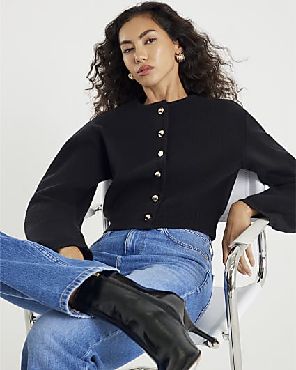 Black Knitted Structured Sleeve Cardigan