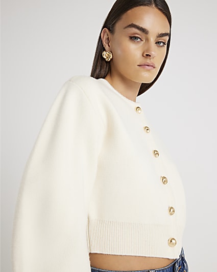 Cream Knitted Structured Sleeve Cardigan