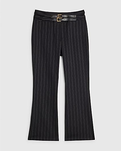 Petite Black Pinstripe Buckle Flared Trousers