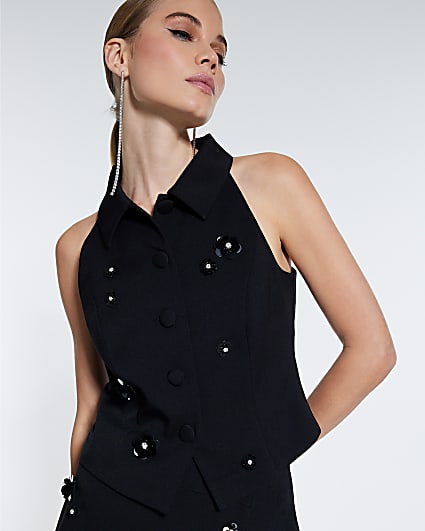 Black Embellished Collared Waistcoat