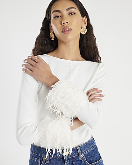 Cream Knitted Slash Neck Feather Cuff Top