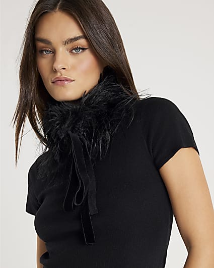 Black Faux Fur Collar Top