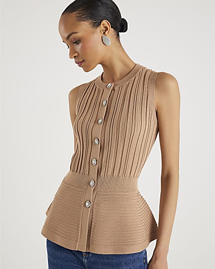 Brown Knit Sleeveless Ribbed Peplum Top
