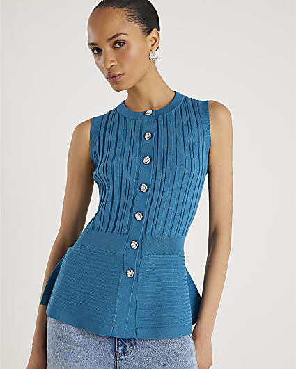 Blue Knit Sleeveless Ribbed Peplum Top