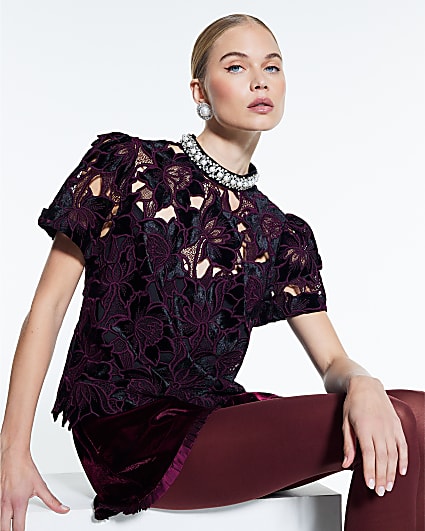 Red Velvet Lace Embellished Top