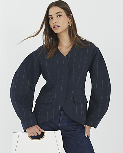 Navy Pinstripe Cocoon Sleeve Blazer