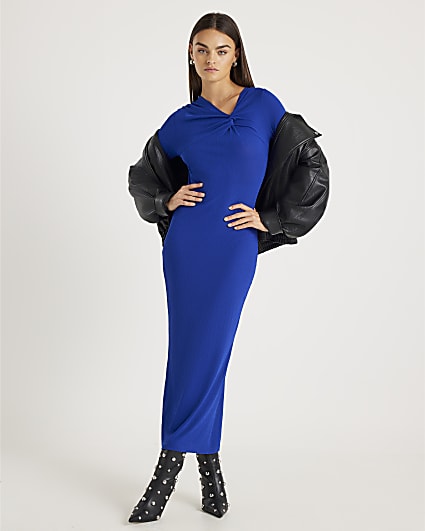 Blue Long Sleeve Twist Front Midi Dress