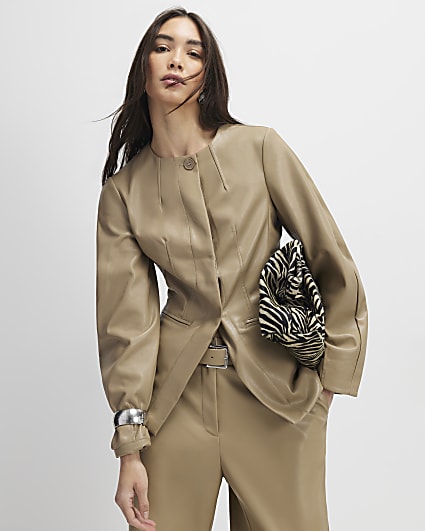 Beige Faux Leather Sculpted Blazer