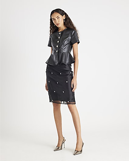 Black Embellished Faux Leather Peplum Top