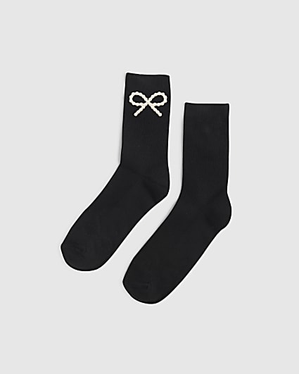 Black Pearl Bow Detail Ribbed Socks