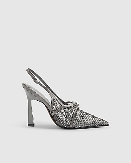 Grey Mesh Bow Sling Back Heels