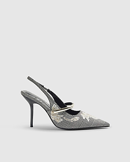 Grey Floral Check Slingback Court Heels