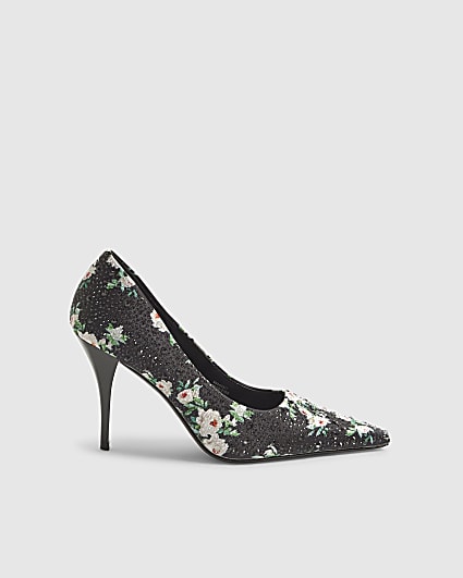 Black Satin Floral Diamante Court Heels