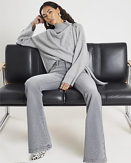 Grey Mid Rise Flared Jeans